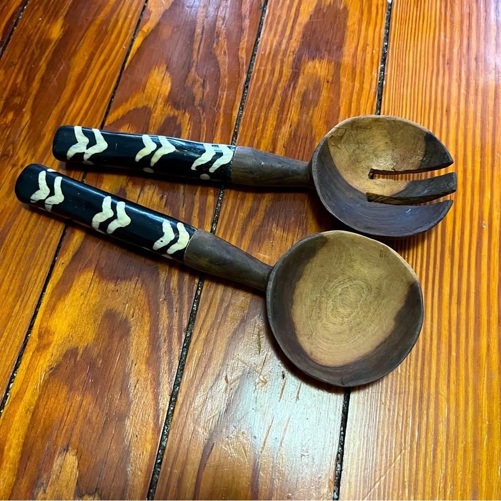 Vintage Hand Carved Serving Set Wooden and Horn